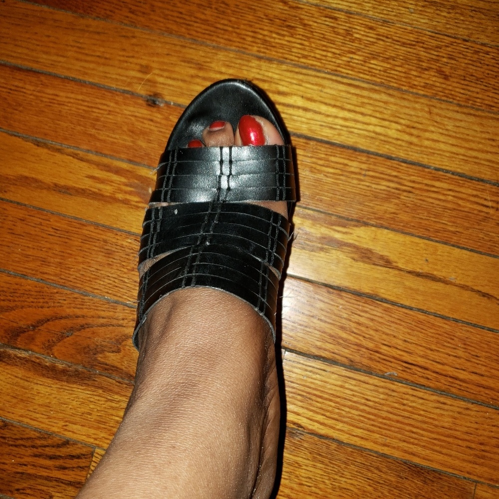 Peep Toe Black Wedge Sandals - Picture 2 of 3